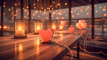 Candles And Heart Decorations On A Wooden Table, Generative AI