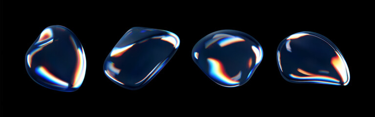 Wall Mural - 3d glass liquid abstract, fluid shape with holographic effect isolated on black background. render o
