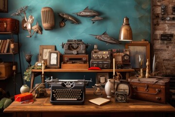 Vintage-inspired creative business desk with antique typewriters, retro cameras, and vintage artwork, embodying a sense of nostalgia and creative inspiration - Generative AI