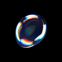 Wall Mural - 3d glass liquid abstract, fluid shape with holographic effect isolated on black background. Render of transparent glass circle liquid object, soap water bubble with reflection. 3d vector illustration