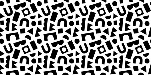 Fun black and white doodle seamless pattern. Creative minimalist style art background for children or trendy design with geometric shapes. Simple childish backdrop.