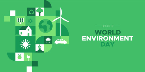 World Environment Day web template illustration with modern eco geometric nature mosaic. Green abstract geometry shape symbol background for online earth holiday or internet landing page.