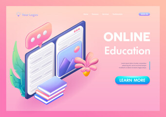 Wall Mural - 3d isometric, cartoon. concept of online education. book pages learning resources, study course. con