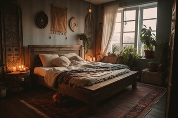 A luxurious and cozy boho chic bedroom with rustic and modern elements in the background. Generative AI