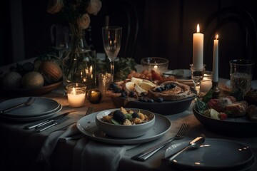  A table set for dinner with a lit candle at each end and a plate of food in the center. Generative AI