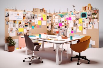 Collaborative creative business desk with a large communal table, whiteboards, and post-it notes, promoting teamwork and idea-sharing among creative professionals - Generative AI