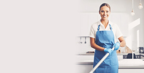 smiling portrait woman professional cleaner in apron, providing efficient office and home cleaning