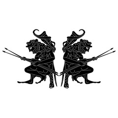 Symmetrical ethnic design with two seated ancient Greek men holding weapons. Hercules or Heracles. Black and white negative silhouette. Vase painting style.