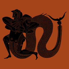 Ancient Greek hero Heracles fighting river god Achelous with fish tail. Vase painting style. Black and red silhouette.