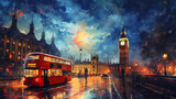 Fototapeta Londyn - The city of London at night and the red bus.
 Generative AI.