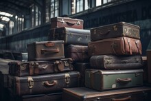 Old Suitcases Stacked At An Abandoned Train Station. Generative AI