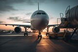 Fototapeta  - Airplane sits on airport apron for maintenance and refueling after airspace closure. Generative AI