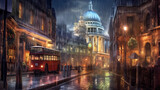 Fototapeta Do akwarium - streets of London with red buses on a rainy day. 
Generative AI.