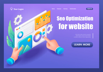 Canvas Print - 3d isometric, cartoon. concept of seo optimization for website. charts and graphs with data. trendin