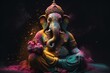 An illustration of the Hindu deity Ganesha surrounded by colorful Holi dust on a dark background. Generative AI