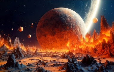 Wall Mural - Particles fall on the surface of a fantastic planet. Particle explosion, fiery lava. Generative AI
