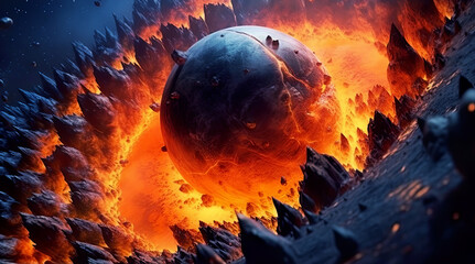 Wall Mural - Particles fall on the surface of a fantastic planet. Particle explosion, fiery lava. Generative AI