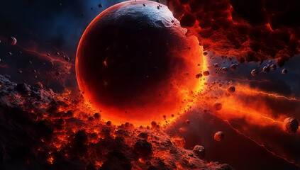 Particles fall on the surface of a fantastic planet. Particle explosion, fiery lava. Generative AI