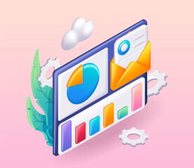 Canvas Print - trending 3d isometric, cartoon illustration. new email with reports. data analytics, dashboard and b
