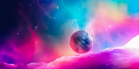 Wall Mural - Soft focus dreamy pastel color background with copy space, floating planet, powerpoint background