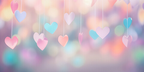 Wall Mural - soft focus dreamy pastel color background with copy space, heart shapes, valentine, love, sweet cand
