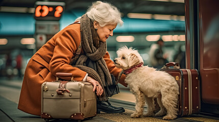 Wall Mural - An old woman with a dog and a suitcase at a train station. Generative AI.