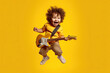 © Goffkein - Funny cheerful jumping child playing guitar on a yellow background created with Generative AI technology