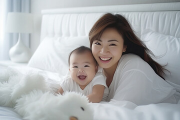 portrait of a smiling loving mother with a cute happy baby at home created with generative ai