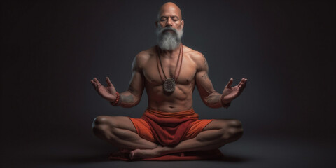 indian guru, a man siddha yoga teacher with long hair, sitting in meditation asana. ai generative