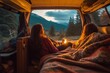 Candid snapshot of a man and woman relishing the freedom and adventure of van life, embodying the spirit of nomadic living in their recreational vehicle, generative ai