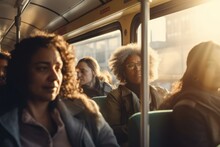 A Diverse Group Of People Commence Their Morning Commute On A City Bus, Their Candid Moods And Interactions Painting A Vivid Urban Tableau, Generative Ai
