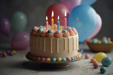 Fresh tasty delicious buttercream cake with two candles and balloons. Celebration food with blue drip icing, sprinkles. Happy birthday holiday greetings concept for gender boy or girl. Generative AI.