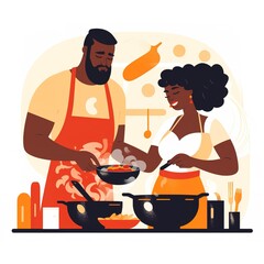 Black man and woman, couple cooking together. Husband and wife. flat illustration