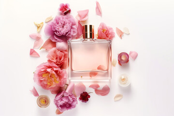 Bottle of perfume with flowers on white background, rose or peony petals, view from above. Generative AI