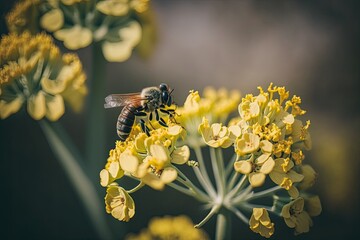 Wall Mural - bee pollinating a yellow flower close up. Generative AI