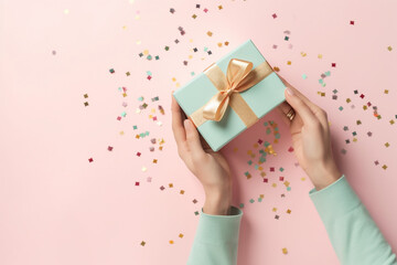 Woman hands holding a mint green pink giftbox on the pink background, top view. Generative AI