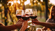 Friends toasting red wine glasses in sunny winery or wedding, capturing joyful celebration, generative ai