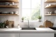 © Lasvu - In the background of a white kitchen with a sink and kitchenware, a shelf, and a window is a countertop made of gray concrete. product display mockup copy space. Generative AI