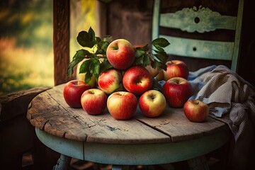 Sticker - rustic wooden table adorned with a pile of fresh, crisp apples. Generative AI