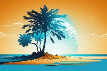 Poster - serene tropical beach with a lone palm tree. Generative AI