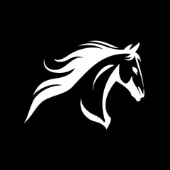 Wall Mural - A stylized black and white horse head logo template on a black backdrop, perfect for use as branding or logo design