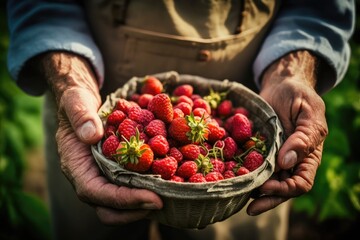 Canvas Print - person holding a basket of freshly picked strawberries. Generative AI