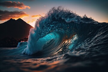 Poster - majestic sunset wave crashing into the ocean. Generative AI