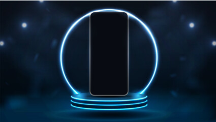 Smartphone on the podium against the background of a bright round neon arch. The concept for the application.