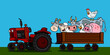 cartoon farm animal character tractor with trailer cow pig sheep chicken goat duck illustration stock image poster