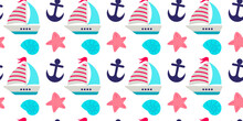 Nautical Elements Seamless Pattern. Boat. Shells, Starfish And Anchor