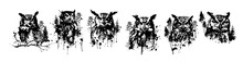 Set Of Graphic Owls With Trees. Monochrome Graphic Portrait Of An Owl In The Forest. Abstraction Trees And Owl. Print For T-shirt Or Tattoo, Graffiti Style. Vector Illustration