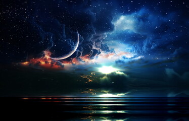 Wall Mural - starry sky and moon night dramatic cloudy sunset