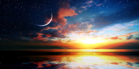 Wall Mural - starry sky and moon night dramatic cloudy sunset