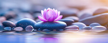 Lily And Spa Stones In Zen Garden. Stack Of Spa Massage Stones With Pink Flowers On Defocused Wellness Background. Copy Space. Ai Generative.